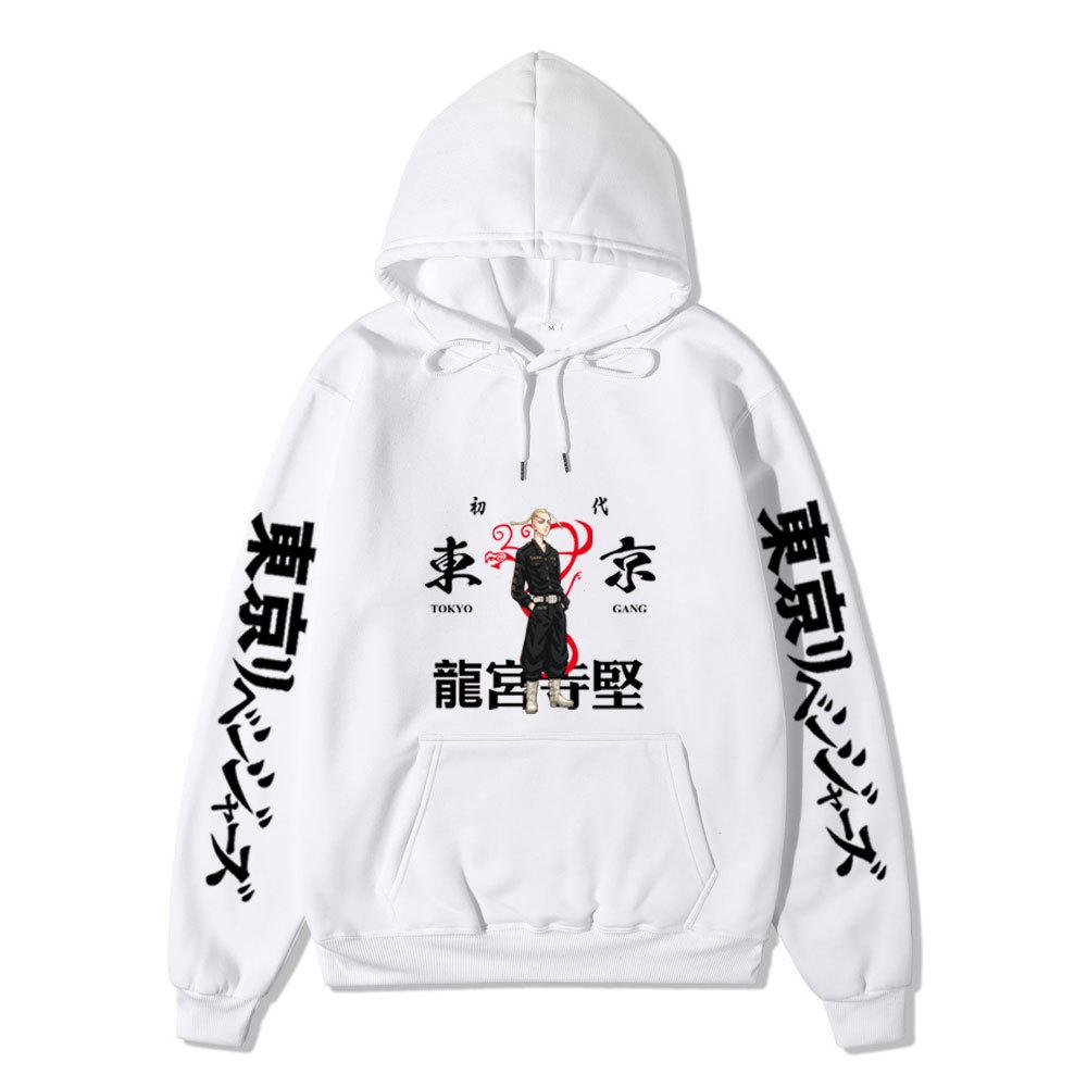Tokyo Revengers Hoodie with Ryuguji Ken Print, Long Sleeve Pullover Sweatshirt, Anime Street Casual Unisex Sweatshirt with Japanese Text Sleeves