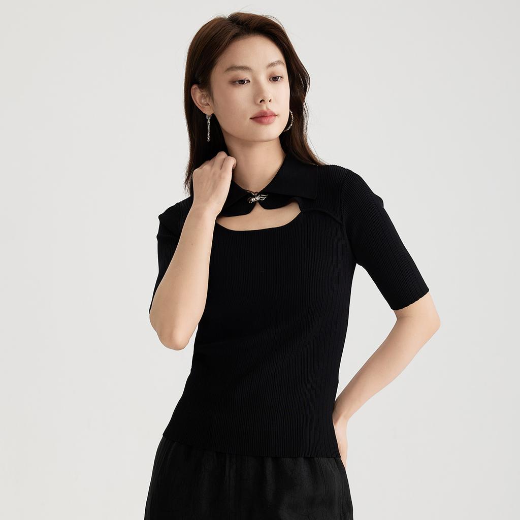 Fashionable slim fit women's short sleeved lapel knitted sweater 2025 spring and summer thin style hollow out small shirt top