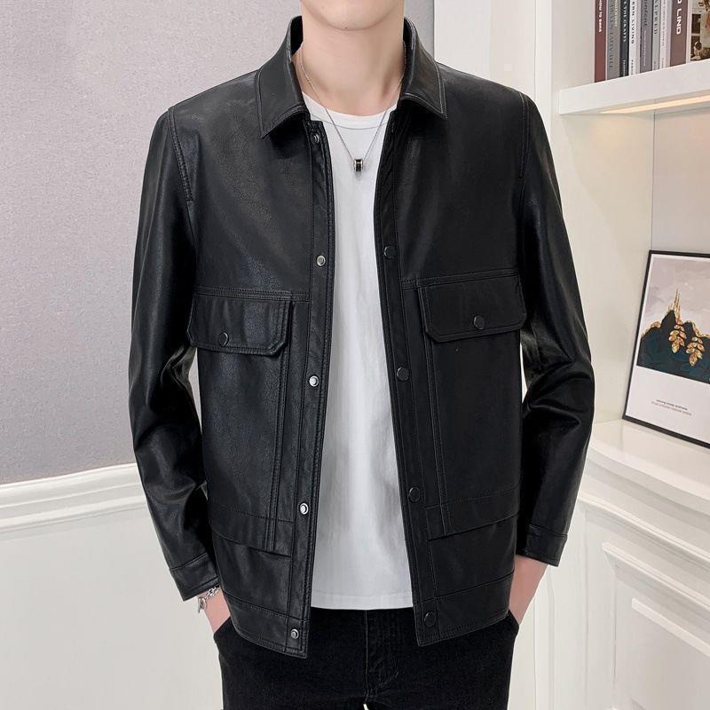 Chaqueta de Cuero con Solapa Ajustada para Hombre Otoño Invierno 2025 - Ropa Exterior Casual