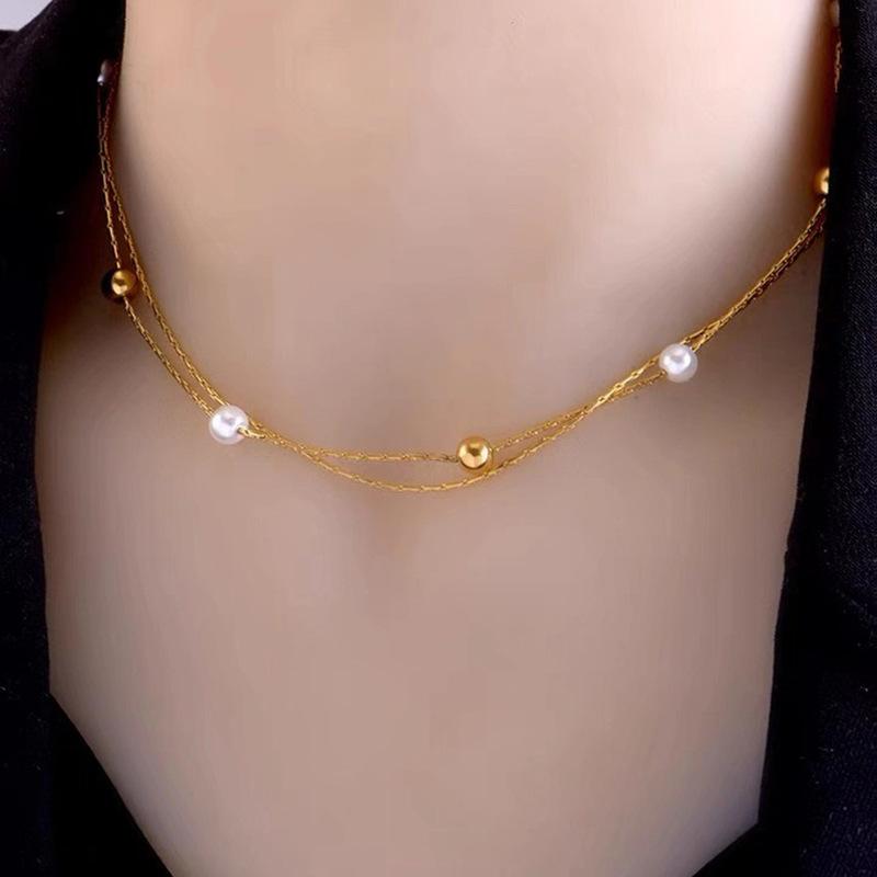Gold Plated Pearl Station Chain Necklace, Stainless Steel Double Layer Beaded Choker, Waterproof Dainty Jewelry for Women Gift