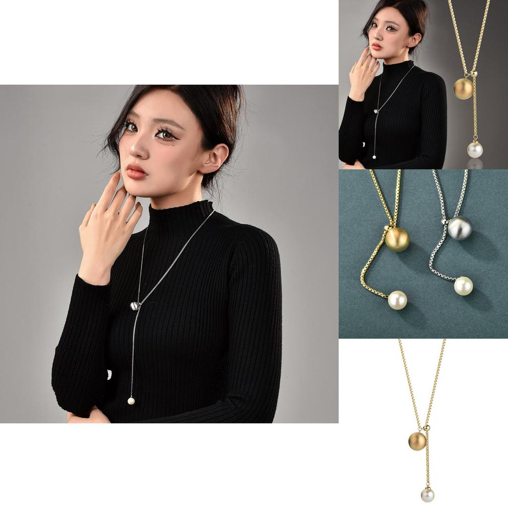 Chic Pull And Slide Pearl Long Pendant Necklace With Sleek Snake Chain For Fashionable Women