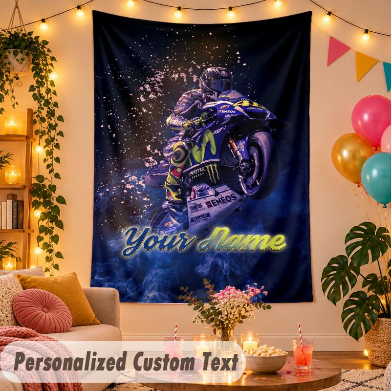 Valentino Rossi Personalized Wall Tapestry Custom Name Text Polyester Hanging Decor Home Room