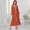 Women's Clothing Orange Round Neck Rhinestone Slim Robe Muslim Dress with Belt