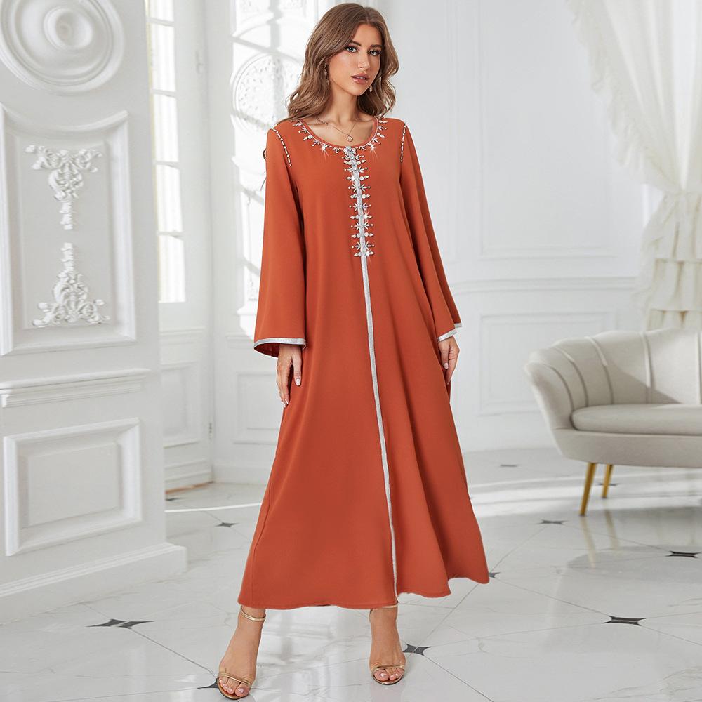 Women's Clothing Orange Round Neck Rhinestone Slim Robe Muslim Dress with Belt