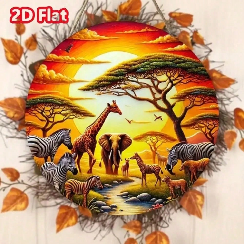 Round African Wildlife Themed Metal Tin Sign Wall Art Decor For Bedroom Garden Hanging