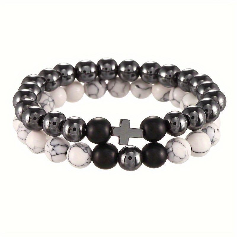 Temu Bestseller: White Turquoise & Black Agate Couple's Cross Bracelet Set