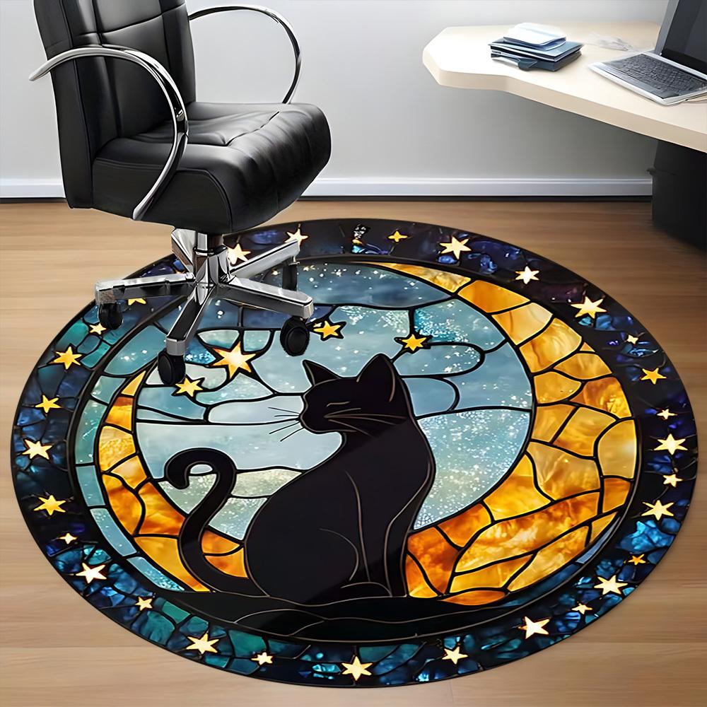 1pc Starry Night Cat Office Round Area Rug, Indoor Mat Suitable ForOffice, Under Office Chairs Bedroom Living Room Home Decor T165