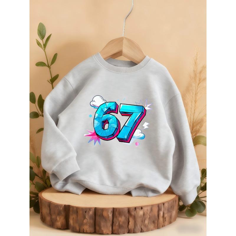 Kids Sweatshirt Over 4Y Unisex Boys Girls 3D Blue Geometric Number 67 Cloud Lightning Graphic Gray Crewneck Soft Fleece Pullover For 4-12 Children