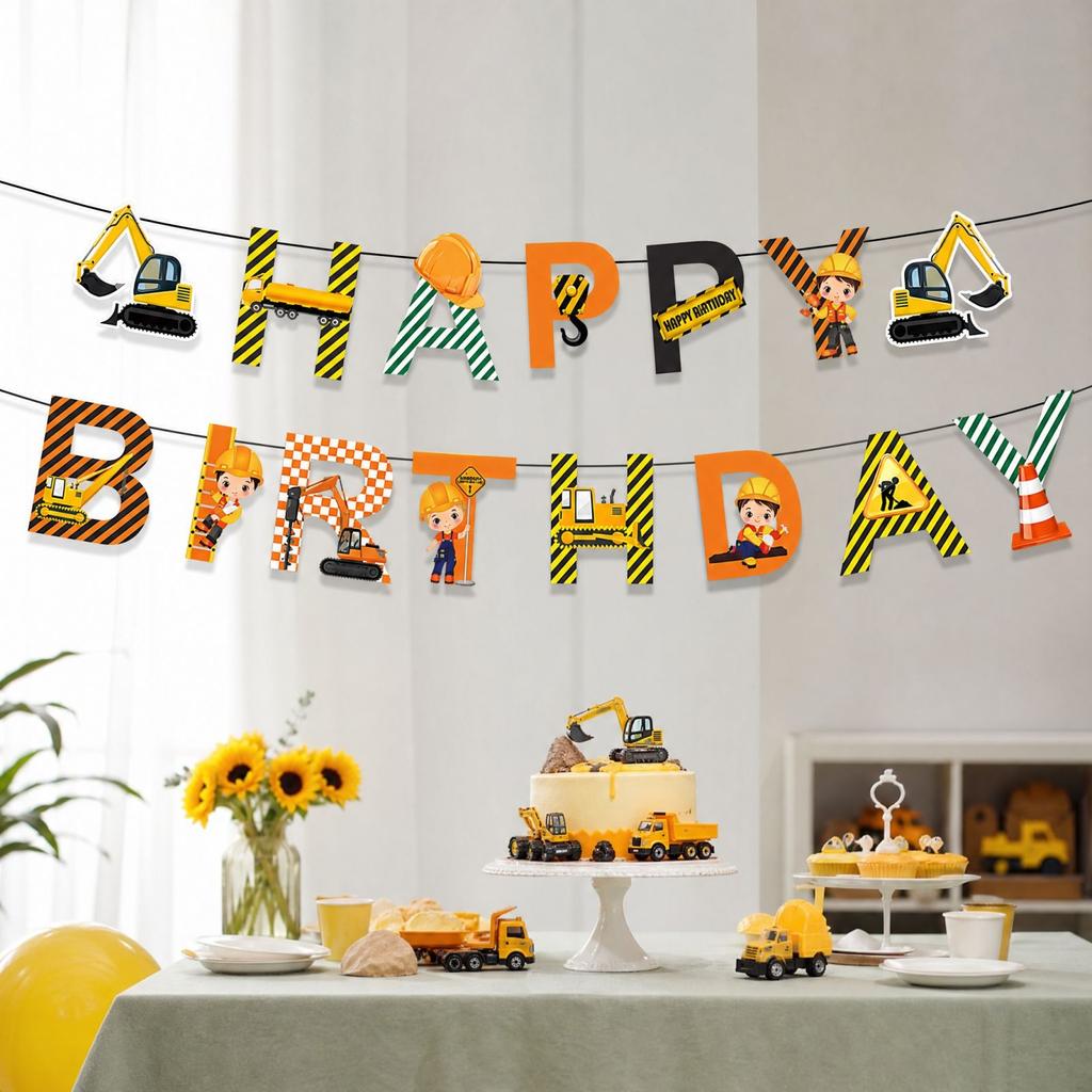 Excavator Construction Birthday Party, Striped Engineering Vehicle Bunting Decoration