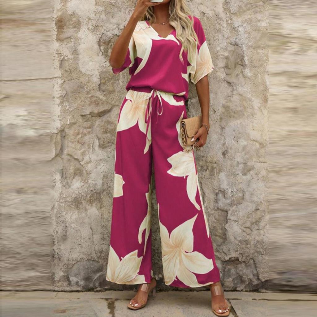 Women's Fashion Casual Floral Print V-Neck  Short Sleeve Top Pants Set