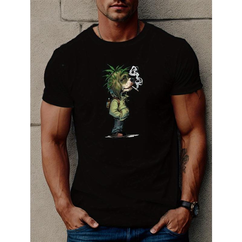 

European Size Smoking Dog Print T Shirt, Tees For Men, Casual Short Sleeve T-shirt For Summer 4XL чорний