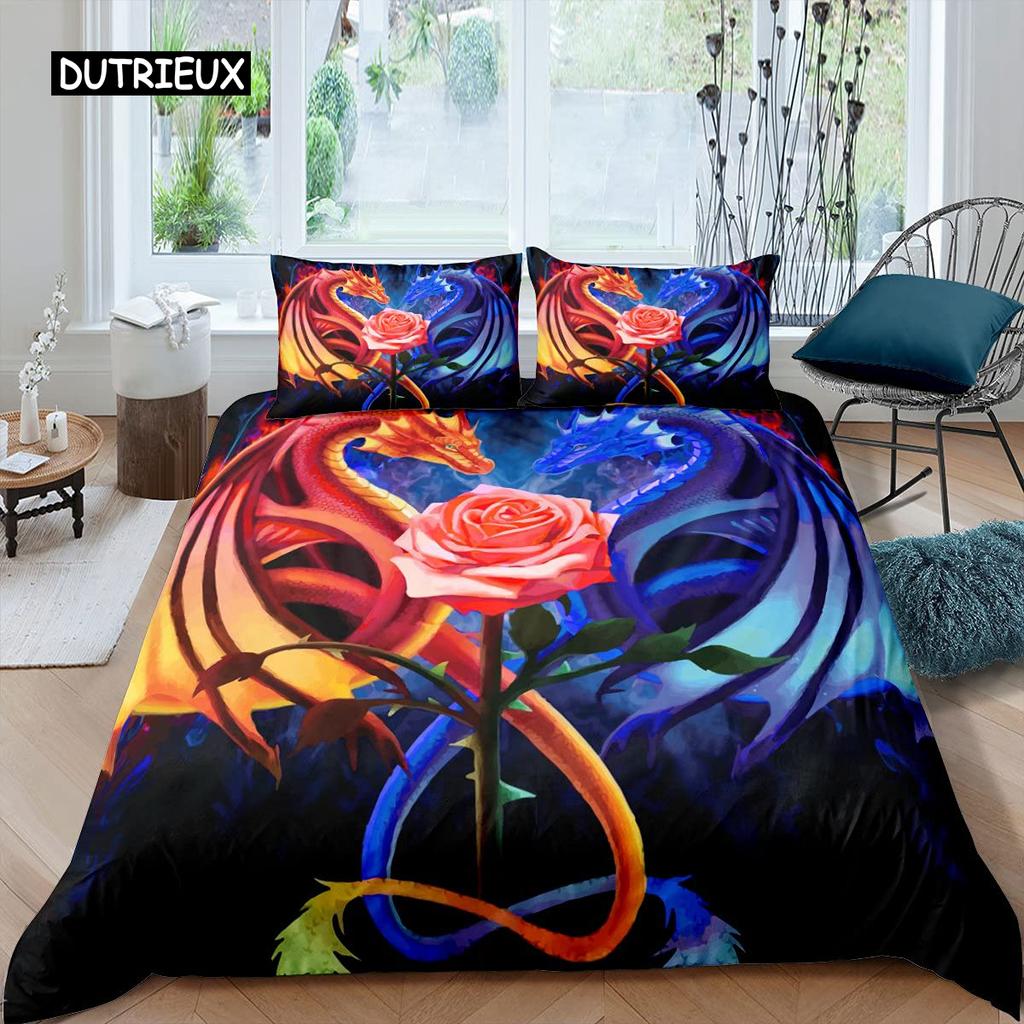 Fire Dragon Duvet Cover Set Magical Dinosaur Bedding Set Jungle Animals Pattern Wildlife Style King Size Polyester Quilt Cover