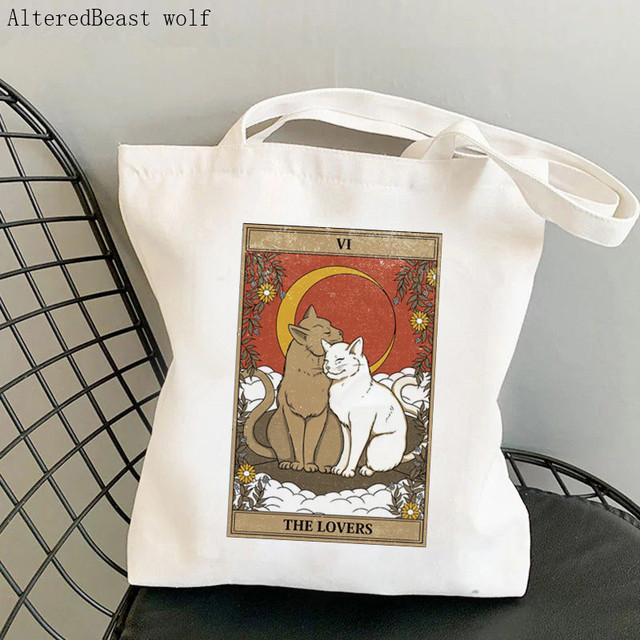 Dam Shopper bag katt Månen Tarot Tryckt Kawaii Väska Harajuku Shopping Canvas Shopper Bag flicka handväska Tote Axel Damväska