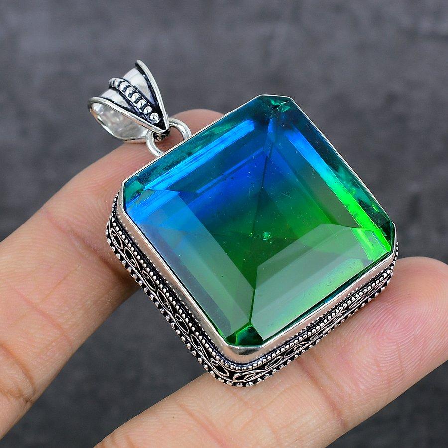 Bi-Color Tourmaline Handmade 925 Sterling Silver Jewelry Pendant 1.97" S4d14
