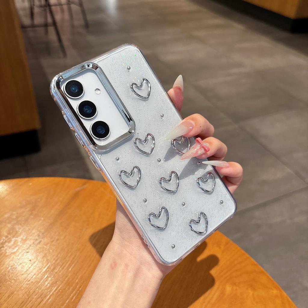 Clear Glitter 3D Silver Love Heart Case For Samsung Galaxy S25 S24 S23 Ultra Plus FE A56 A36 A26 A16 A55 A35 Epoxy Bumper Cover