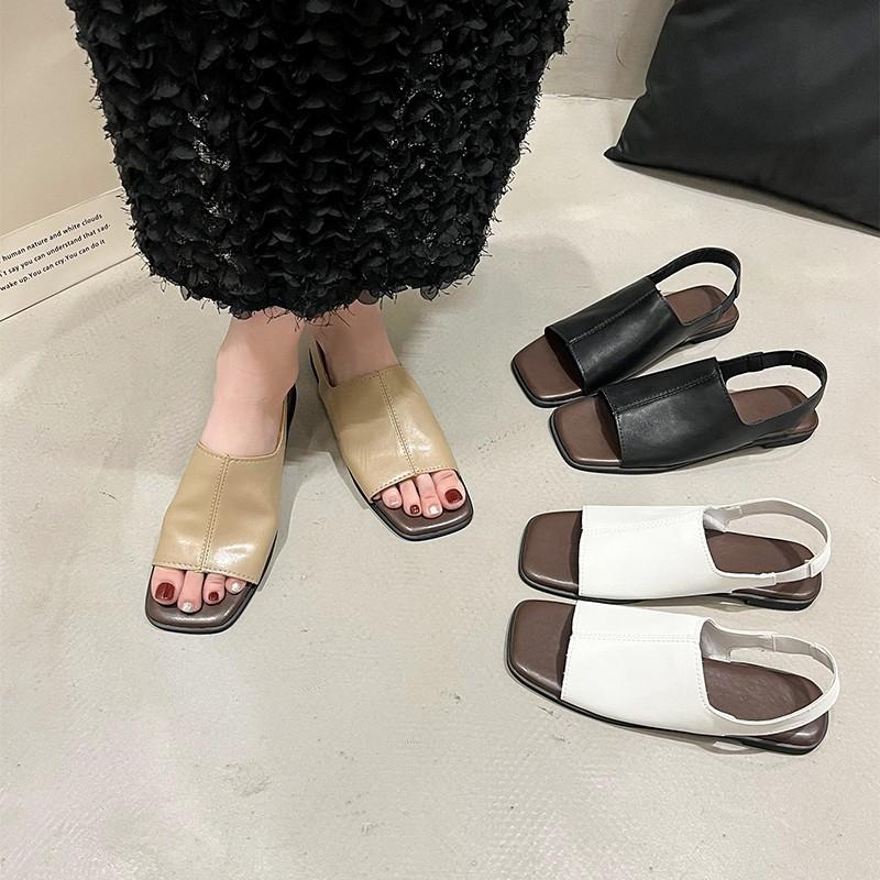 South East Asia Foreign Trade Large Size Elastic Band Flat Bottom Square Head Sandals Women's New Outer Wear Open-toed Beach Cool Slippers
