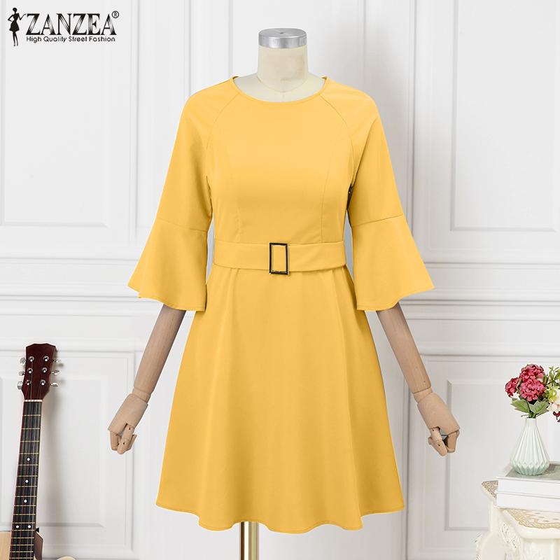 

ZANZEA Женское летнее свободное повседневное платье с круглым вырезом и расклешенными рукавами