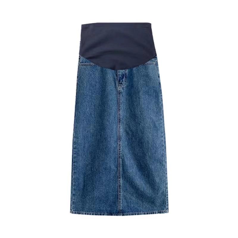 Těhotenská džínová sukně s rozparkem - Letní a podzimní nošení, Středně dlouhá, Zeštíhlující poloviční sukně s podporou břicha pro těhotné ženy.