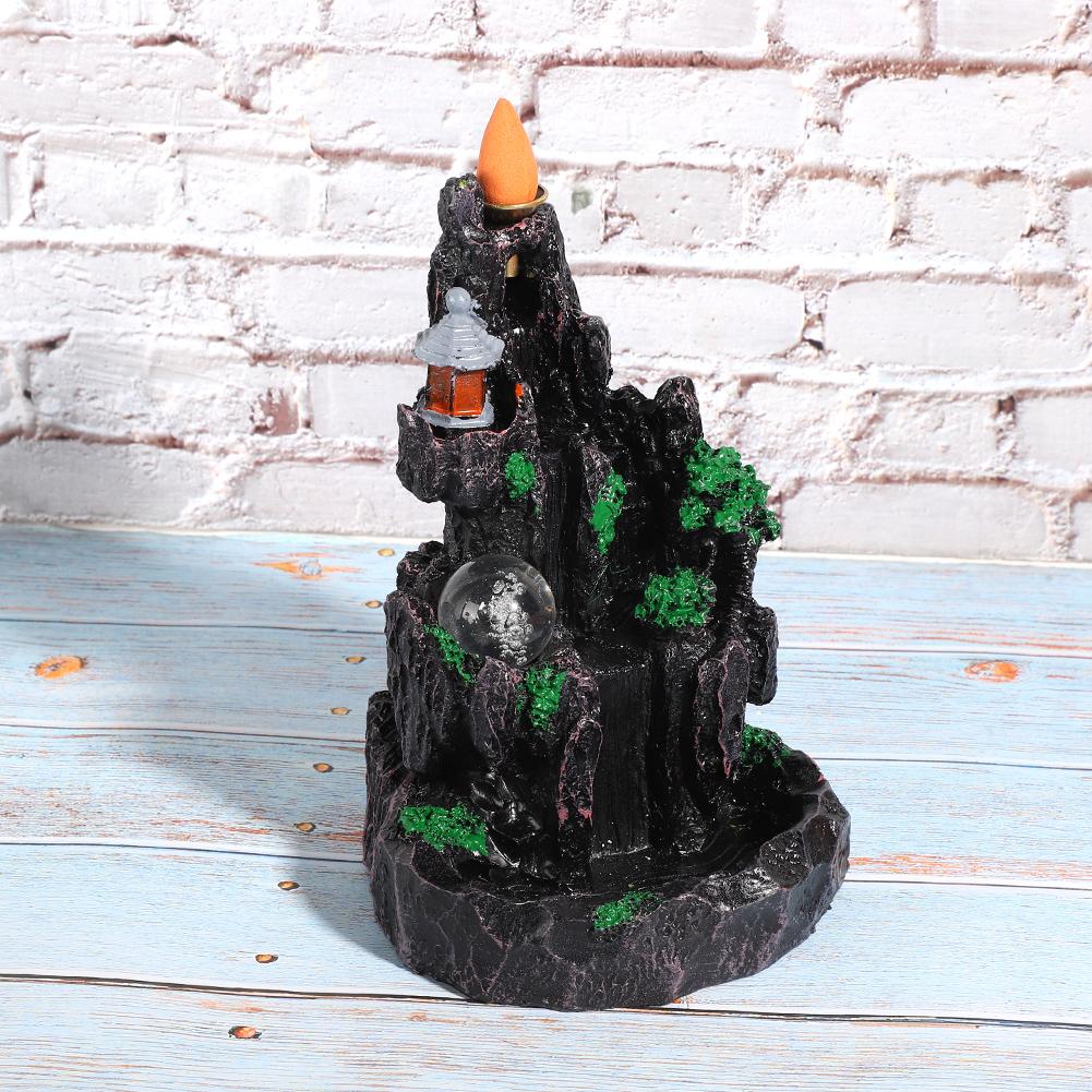 Unique Mountain Water Backflow Incense Burner Holder Home Resin Ornament Craft with LED Ball