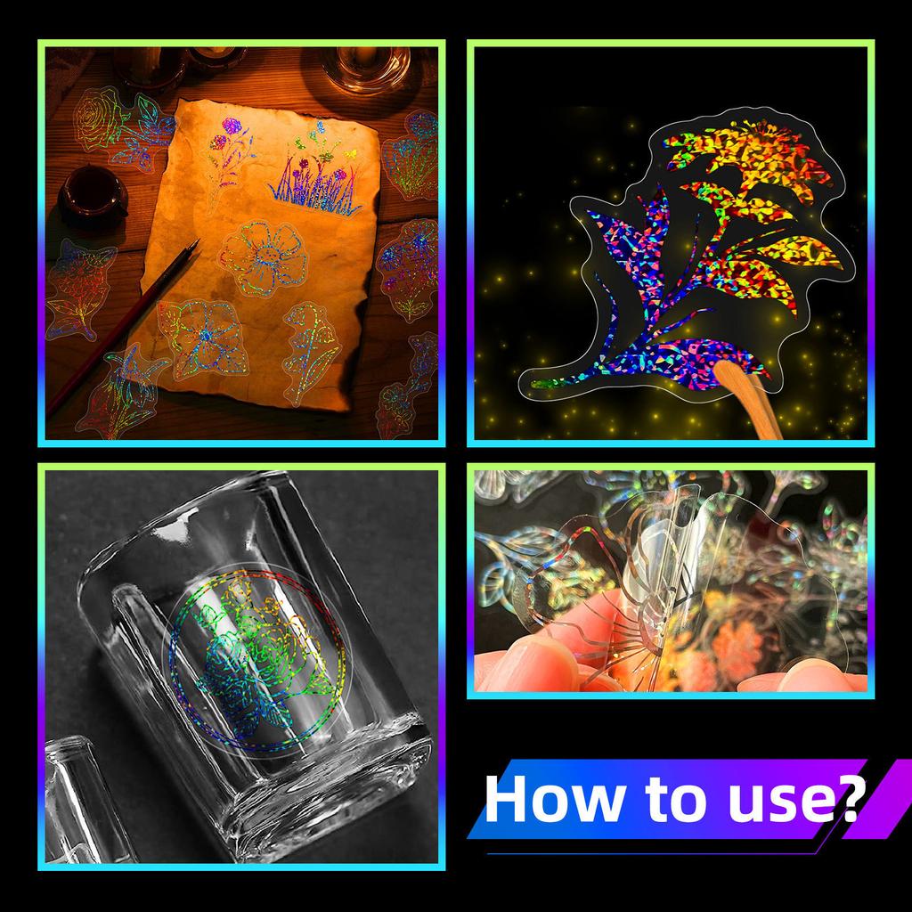 100 Transparent Laser Decals Blooming Stickers PET Creative Retro Laser Tent Holographic Stickers