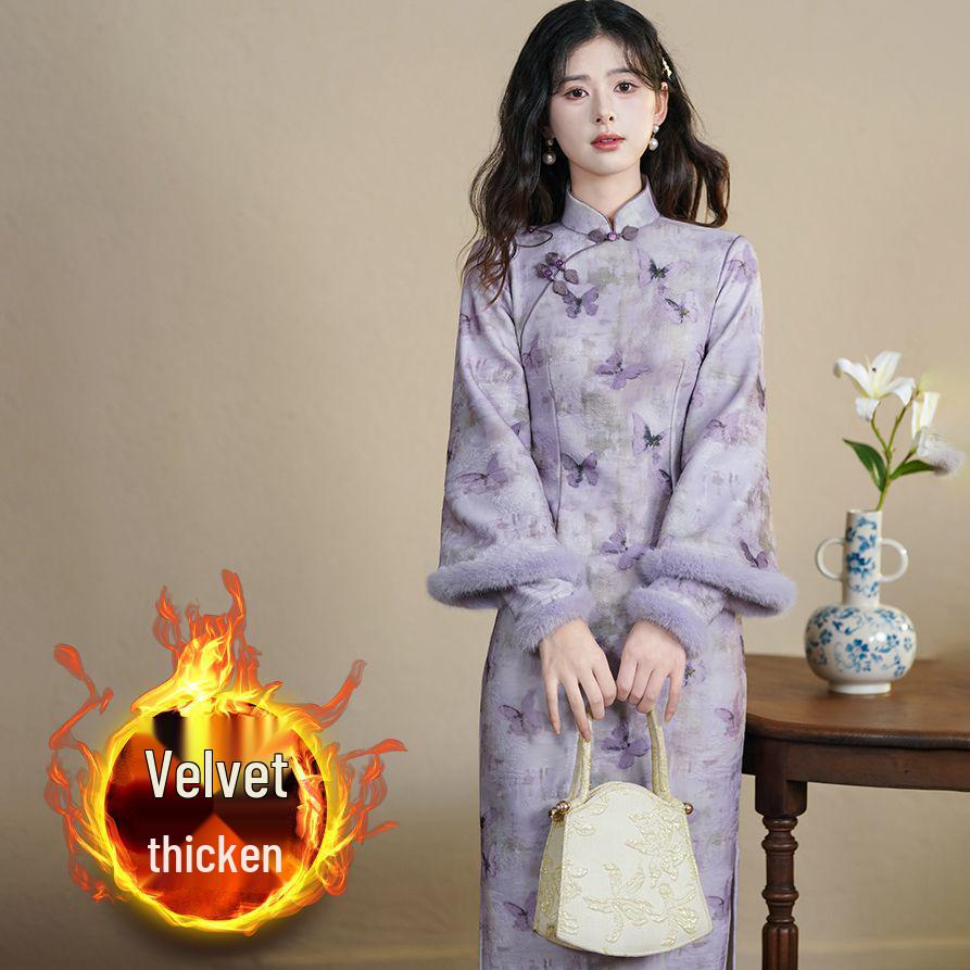 

Фиолетовое платье ципао с воротником-стойкой на осень/зиму 2024 года, на флисовой подкладке и с сетчатым принтом XL (115-125 kg recommendation)