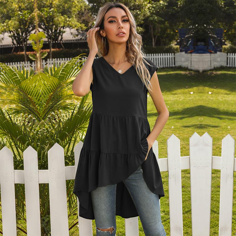 

Summer solid color vest skirt ruffle edge irregular slim dress S чорний