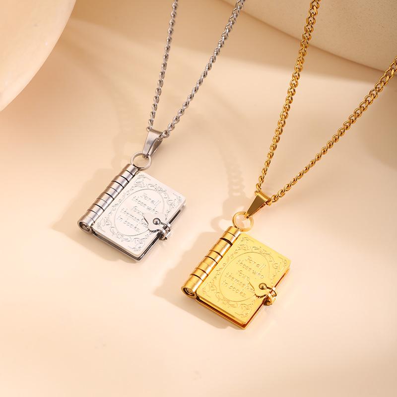 Popular titanium steel necklace, retro book can open couple collarbone chain, fashionable stainless steel necklace