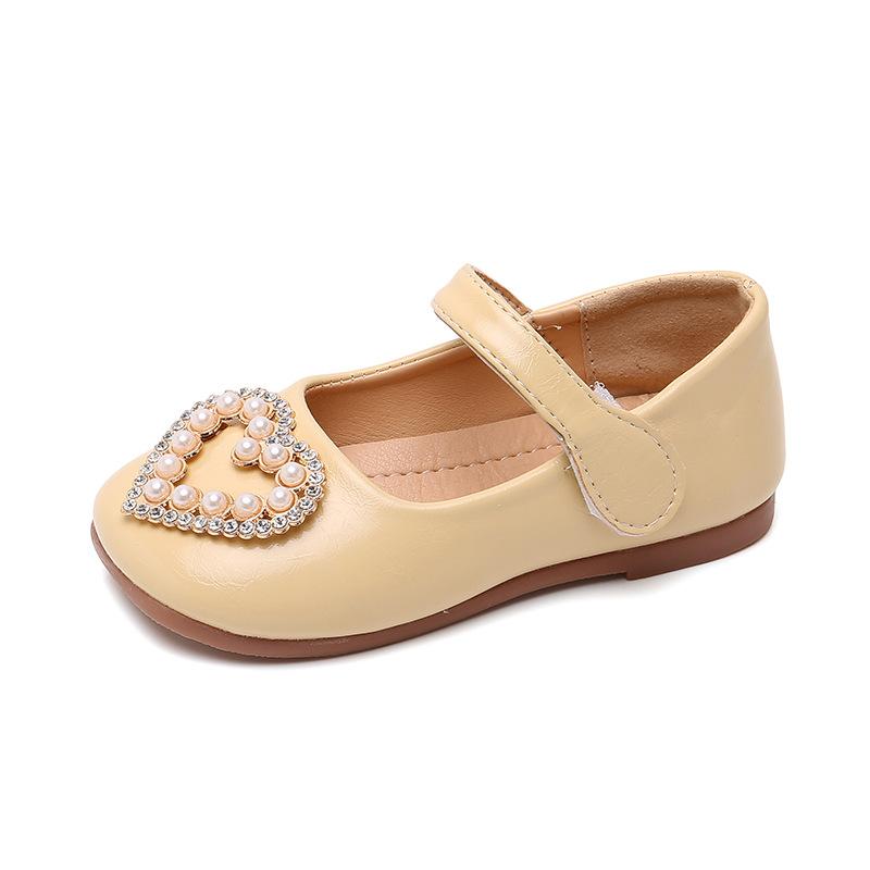 Girls Leather Shoes Kids School Flats Children Dress Shoes Princess Sweet Soft with Heart Shape Square Rhinestone Pearls Party