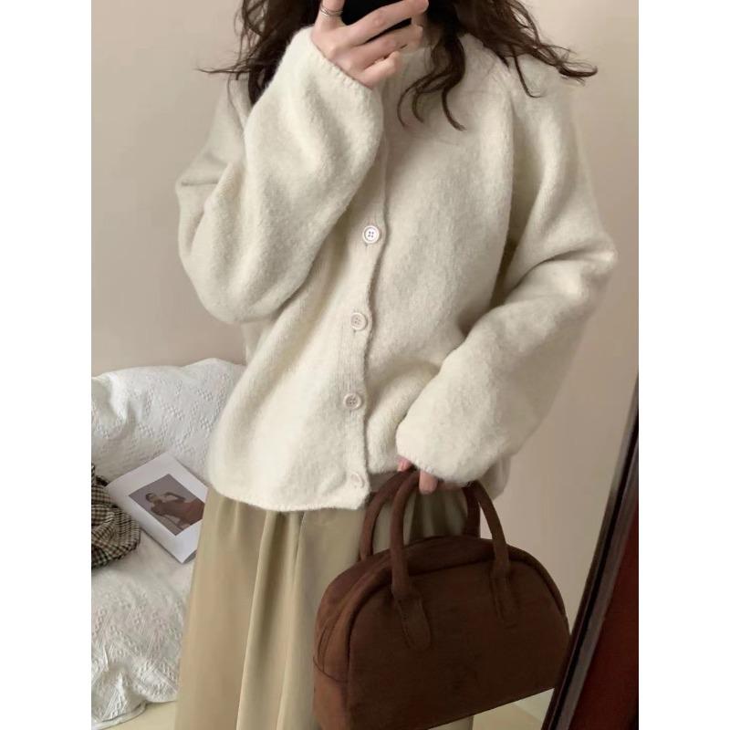 Small Fresh Solid Color Knitted Cardigan for Women's New Spring and Autumn with Loose Lazy Style Round Neck Shoulder Jacket for Women