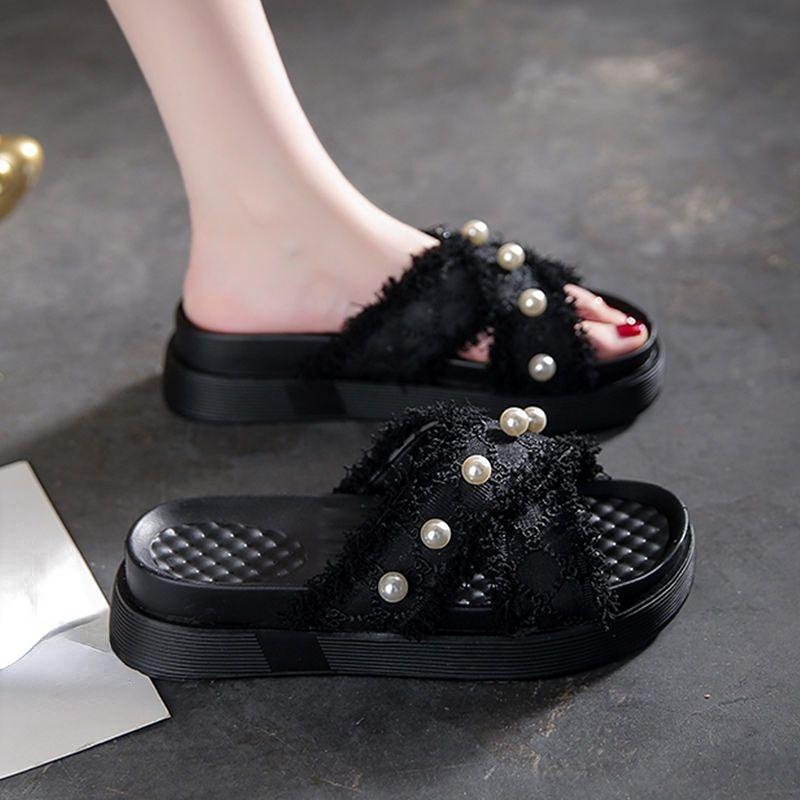 Women Solid Color Pearl Slippers Ladies Middle Heel Anti-slip Soft-sole Comfortable Thick Bottom Beach Sandals Footwears