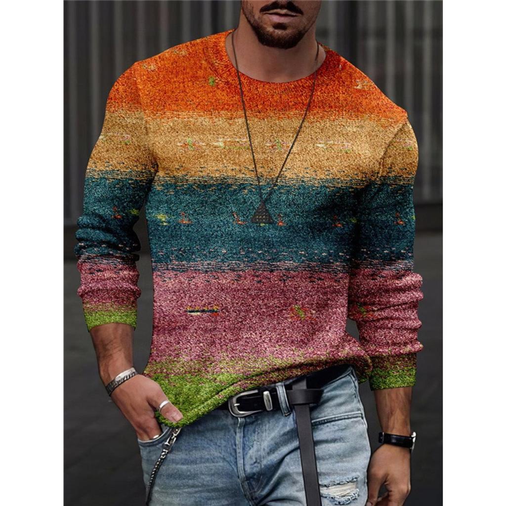 Rundhals 3D-bedrucktes Batik-Streifenmuster Top Modische lässige langärmelige Herren-T-Shirts