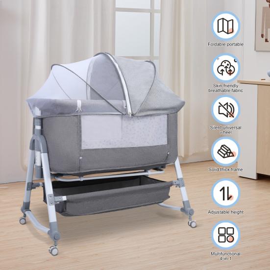 Bedside Crib Baby Crib, 3 In 1 Bassinet with Large Curvature Cradle, Foldable Height Adjustable Bassinet, Movable Beside Mosquito Net (Grey)