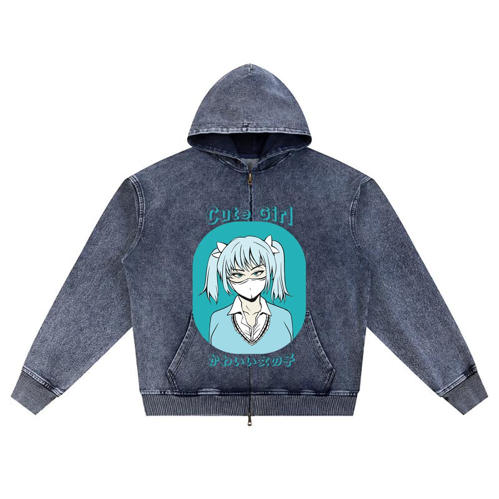 

DTG print Knitted Denim Zip-Up Hoodie anime streetwear 25 Brother Print Zipper Hoodies XL
