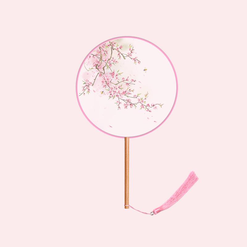 Translucent Embroidered Long-Handled Round Fan for Children's Hanfu and Cheongsam Costumes