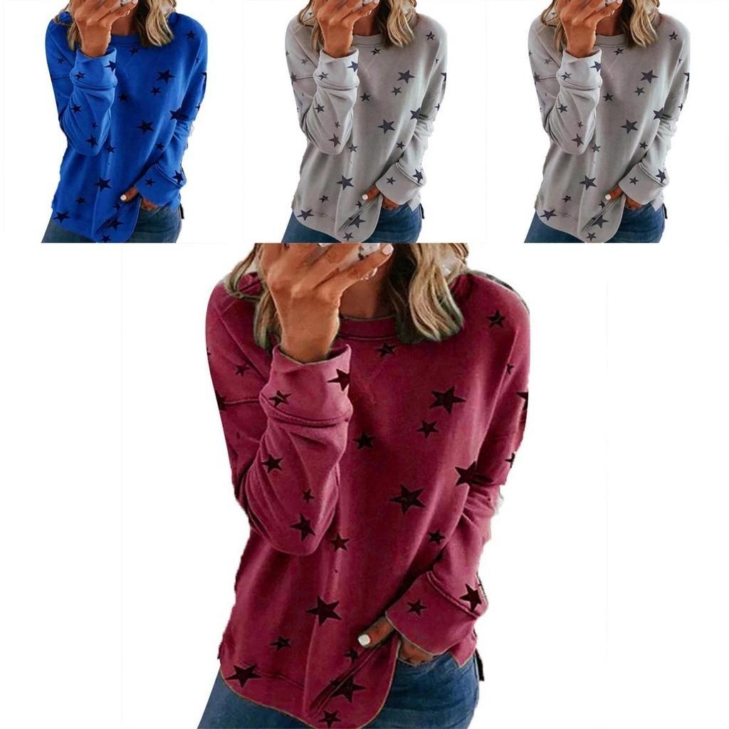 Women Casual Tunic Crew Neck Long Sleeve Star Print Tee Top Blouse For Daily Comfort And Style