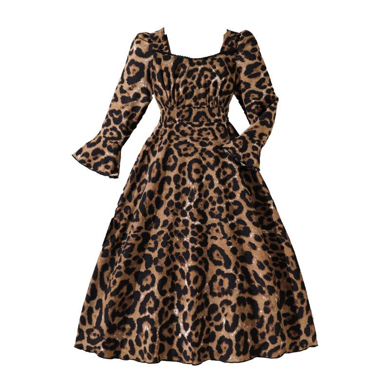 

Одежда для девочек 2025 Осень Новая коллекция Средне-большие дети Леопардовый принт Элегантное платье с длинным рукавом Детская одежда 12Y коричневый