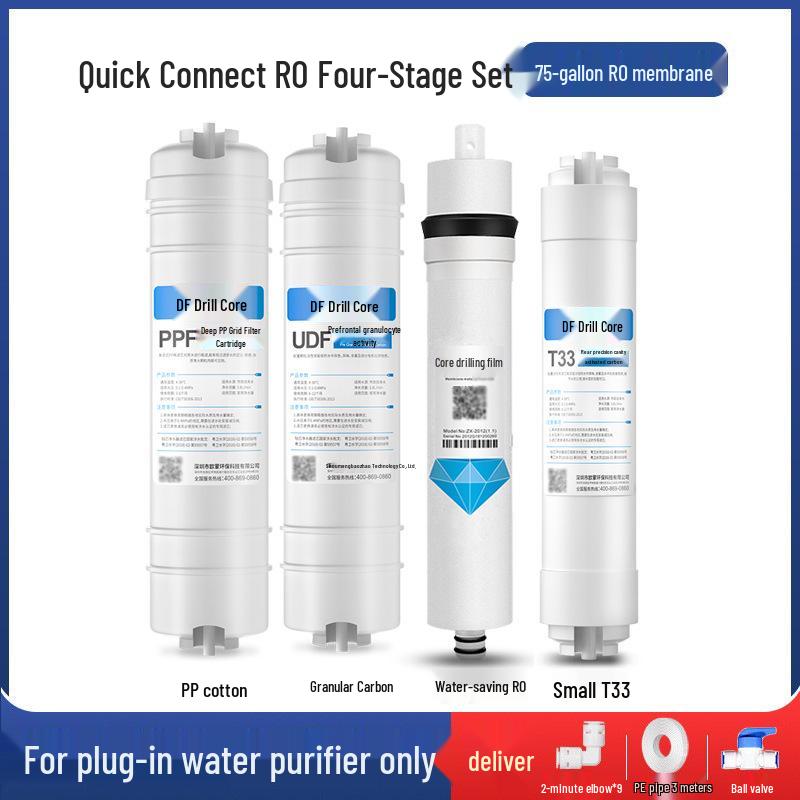 10-tommers femtrinns vannrenserfiltersett: Hurtigkobling PP Bomull, Granulert Karbon, Skalahemmer, Komprimert Karbon og RO-membran