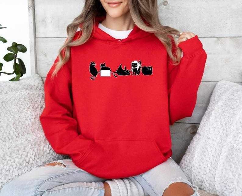 Toamnă și Iarnă, Model Amuzant cu Pisică Neagră, Bluza cu Mânecă Lungă Imprimată, Pulover cu Glugă la Modă pentru Femei