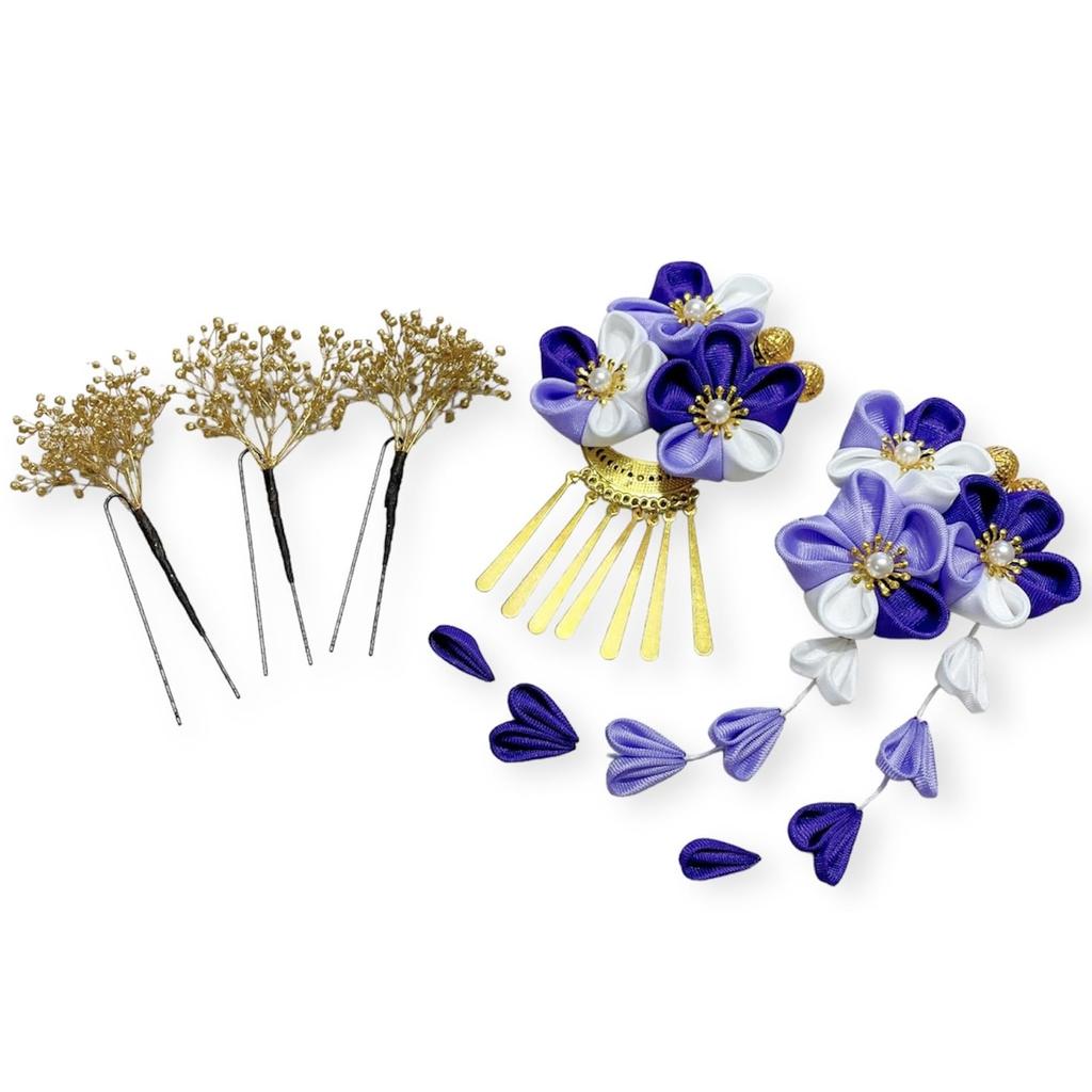 Purple Tsumami-zaiku Hair Ornament with Dried Flowers and Gold Baby's Breath - Perfect for Shichi-Go-San, Graduation Ceremonies, and as a Headpiece