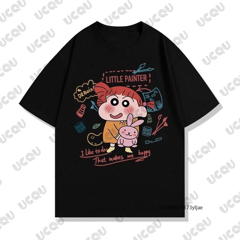 MINISO Summer Cute Cartoon Crayon Shin-chan & Sakurada Nini Print Couple T-shirt For Men Women Cotton Tees Casual Fashion Tops