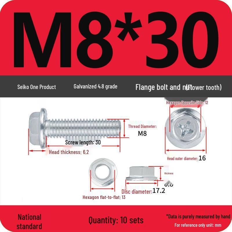 4.8 Grade Galvanized Hex Bolt Set with Anti-slip Washer & Nut, Cross Flange Head, M4/M5/M6/M8mm