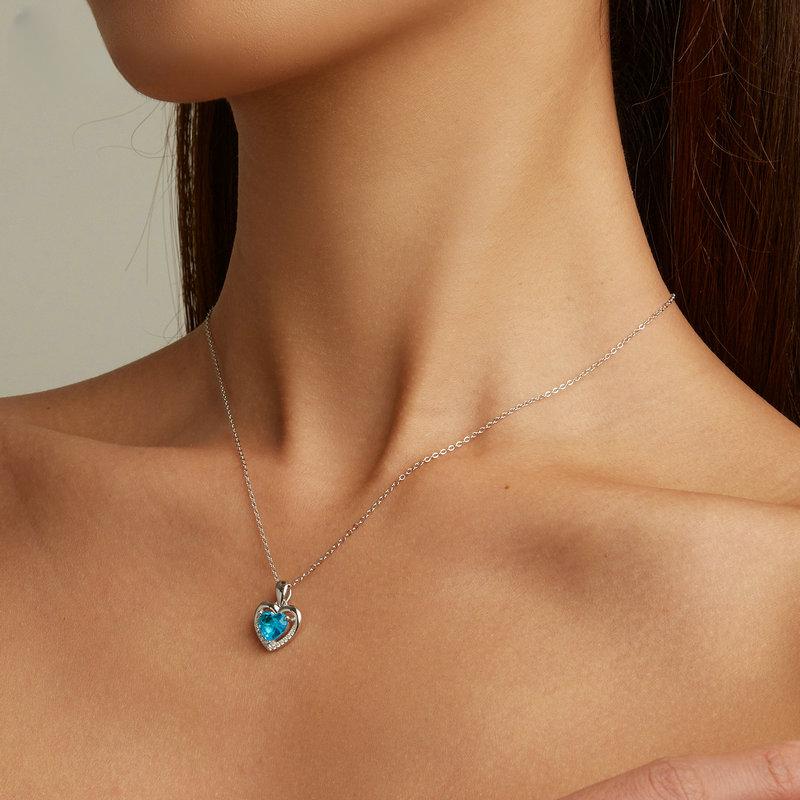 Colier cu pandantiv cu inimă de dragoste din argint S925, coliere cu pandantiv de inimă, albastru, cristale, pentru femei, cadou de bijuterii fine din argint