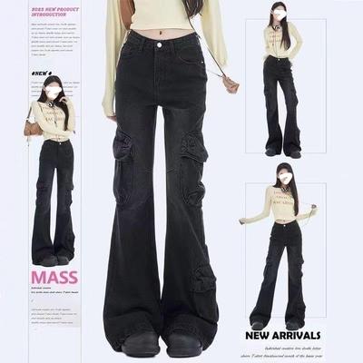 High-Waist-Retro-Schlagjeans: Frühling/Sommer Slim Pocket Arbeitskleidung für Damen