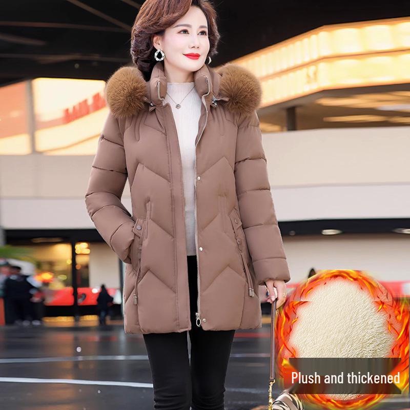 Mom's Mid-Length Fleece-Lined Down Cotton Coat - Petite, Middle-Aged & Elderly Women's Winter Jacket
