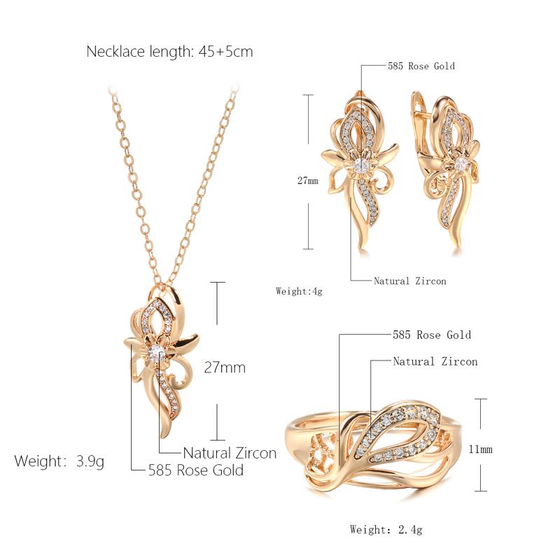 Luxury 3Pcs  Rose Gold Bridal Wedding Jewelry Sets Natural Zircon Flower Earring Necklace Ring Sets For Women Gift