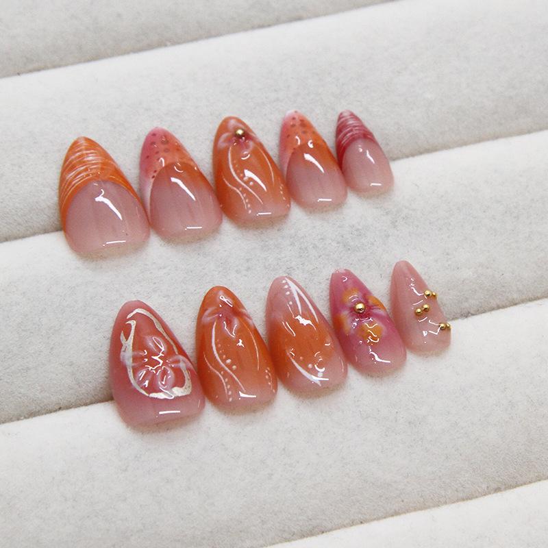 Nail art patch removable nail simple French flower fake nail wearing nail three-dimensional gold bead diamond 30 pieces