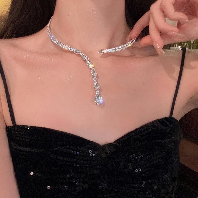 Elegant Zircon Water Drop Tassel Necklace - Double Layer High-End Clavicle Chain with a Unique, Luxurious Design
