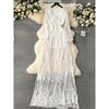 Fashion Vacation Style Skirt Retro Machine Embroidery Lace Long Dress Sexy Deep V Neck Elegant Dress Spring Dress for Women