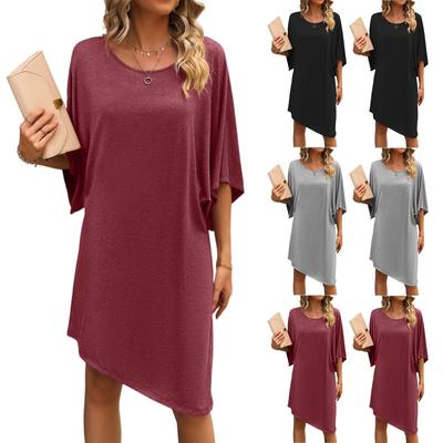 Women's Solid Color Summer Quarter Sleeve Irregular Skirt Casual Loose Mid-Length Dress
