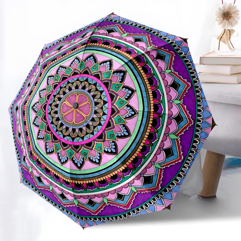 1pc Mandala Art Automatic Umbrella - Stylish, Durable, with 8-Rib Manual Open Design, Elegant Black Handleyy250920177